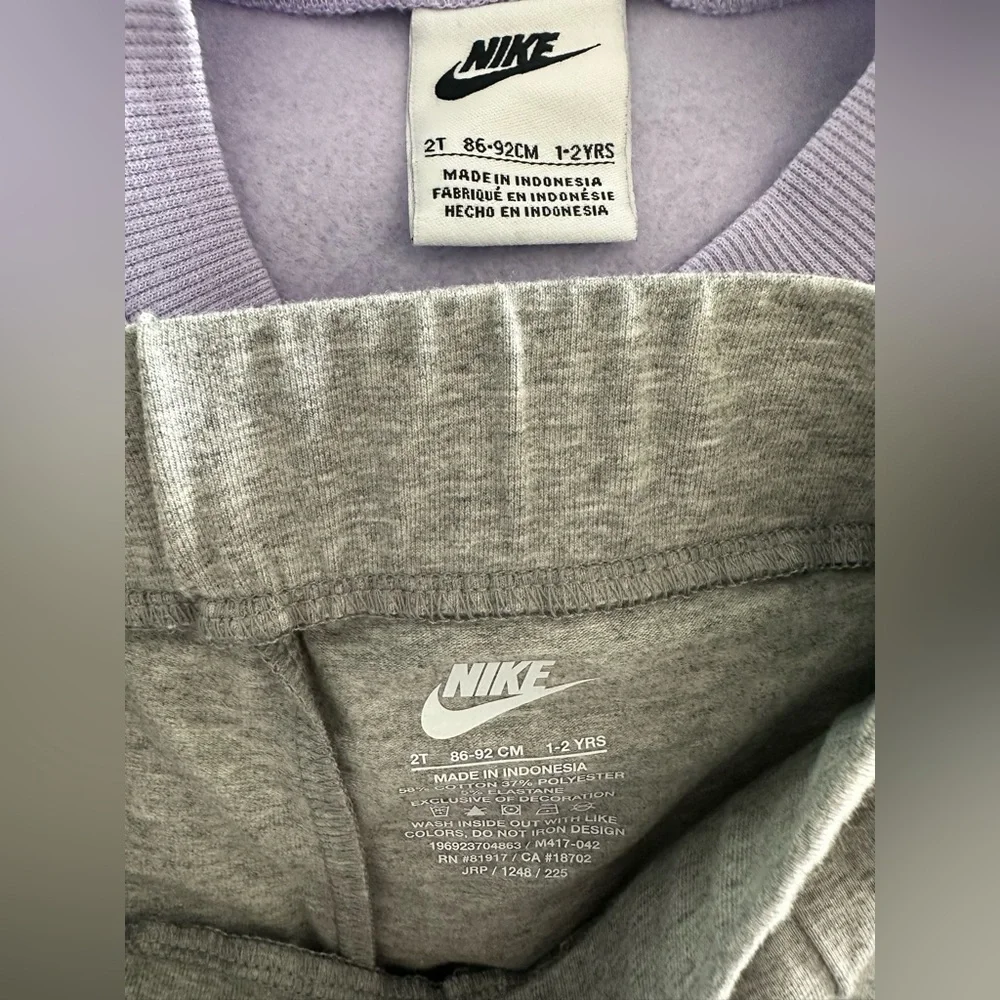 Nike Girls 2T 2-Piece Outfit Set Light Purple Sweatshirt Gray Pants NWT Toddler